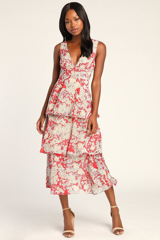 Tier Comes the Sun Red Floral Print Tiered Midi Dress | Lulus (US)