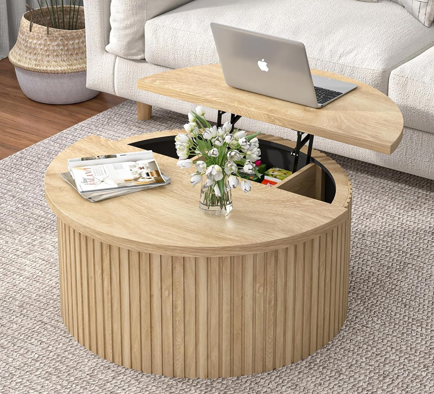 Round Fluted Lift Top Coffee Table with Storage, 34.6'' Farmhouse Round Coffee Tables for Living ... | Amazon (US)