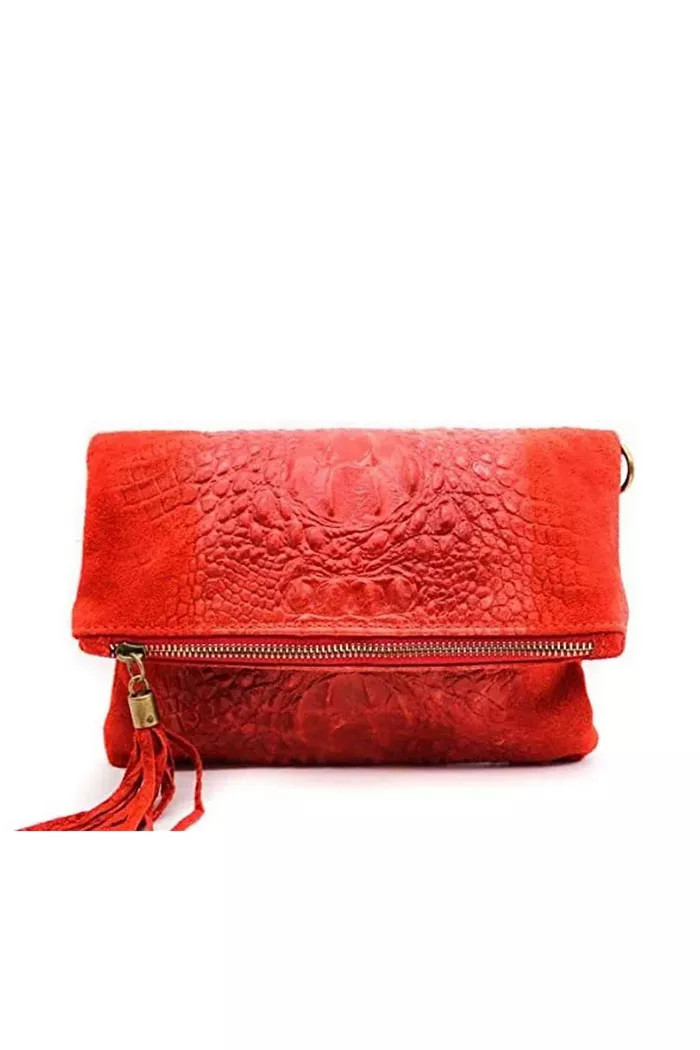 Italian Genuine Suede Croc Pattern Tassel Zip Smal Flap Over Crossbody Clutch Bag | Boohoo.com (UK & IE)