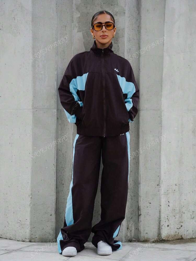 SAYEHFBABY Drawstring Waist Nylon Contrast Panel Wide Leg Tracksuit Bottoms Only Spring Airport, Casual The Book Shop Christmas Fall Autumn Winter | SHEIN