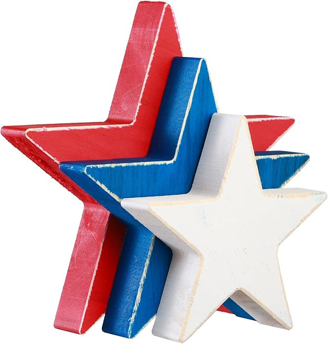 4th of July D\u00e9cor Handmade Rustic Patriotic Wood Stars - Set of 3, Red, White & Blue, Double... | Amazon (US)