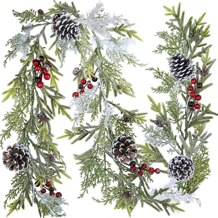 6' Long Snowy Artificial Pine and Cedar Christmas Garland with Pine Cones Red Berries Winter Gree... | Amazon (US)