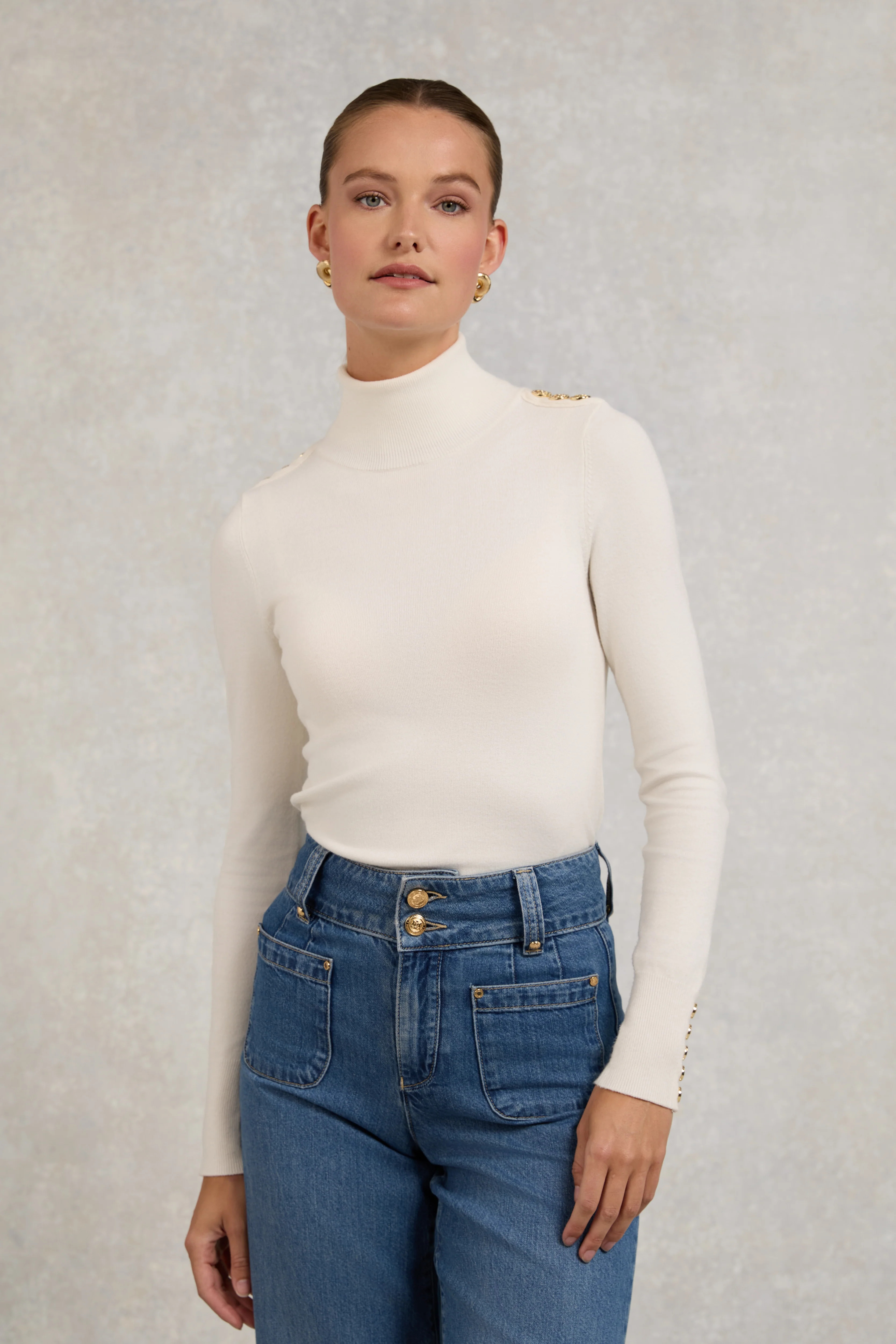 Buttoned Knit Roll Neck (Cream) | Holland Cooper