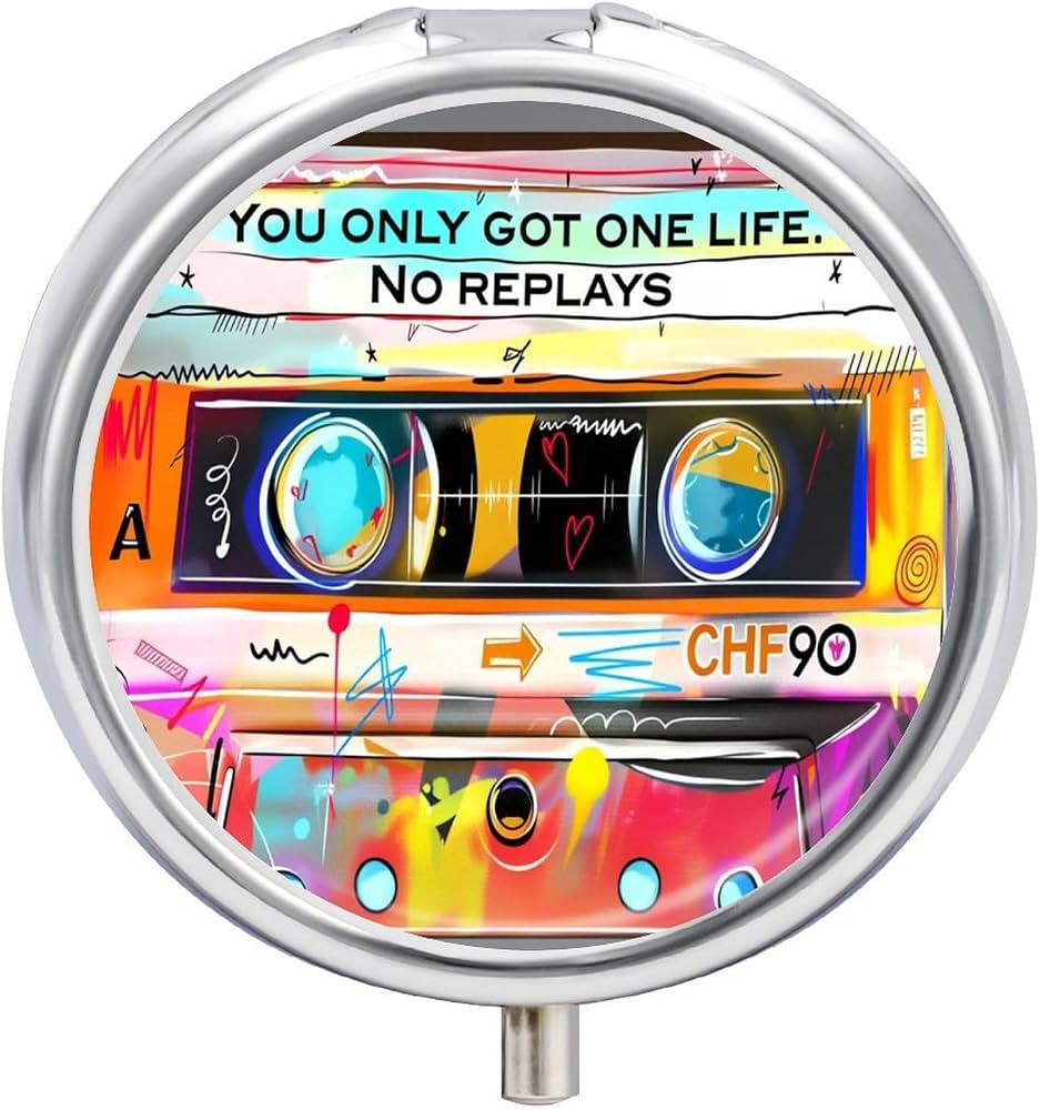 Colorful Cassette Tape Small Round Metal Pill Box with Mirror, 3 Compartment Pocket Pill Case, Po... | Amazon (US)