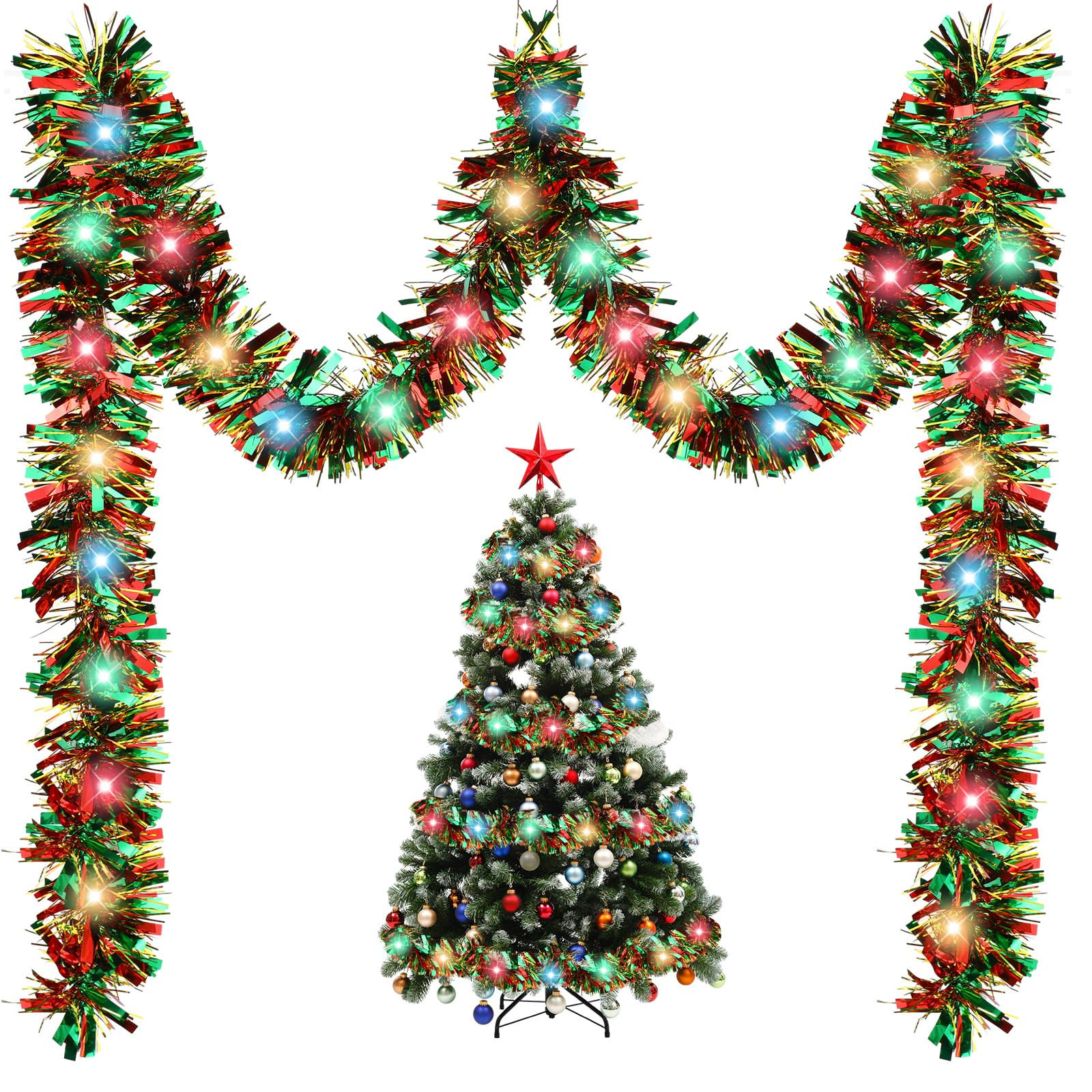 Kingdder 16.4 ft Christmas Tinsel Garland Lighted Metallic Twist Tree Decoration Prelit Battery O... | Amazon (US)