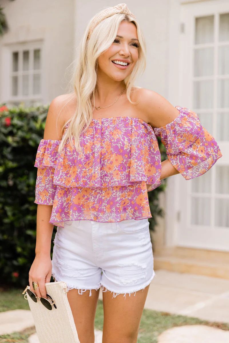 Holding Onto Happiness Purple Watercolor Off The Shoulder Printed Blouse | Pink Lily