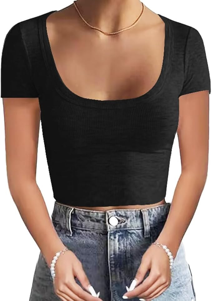 WAYMAKER Women's Casual Short Sleeve Square Neck Summer Tops Ribbed Knit Slim Fit Tee Shirts | Amazon (US)