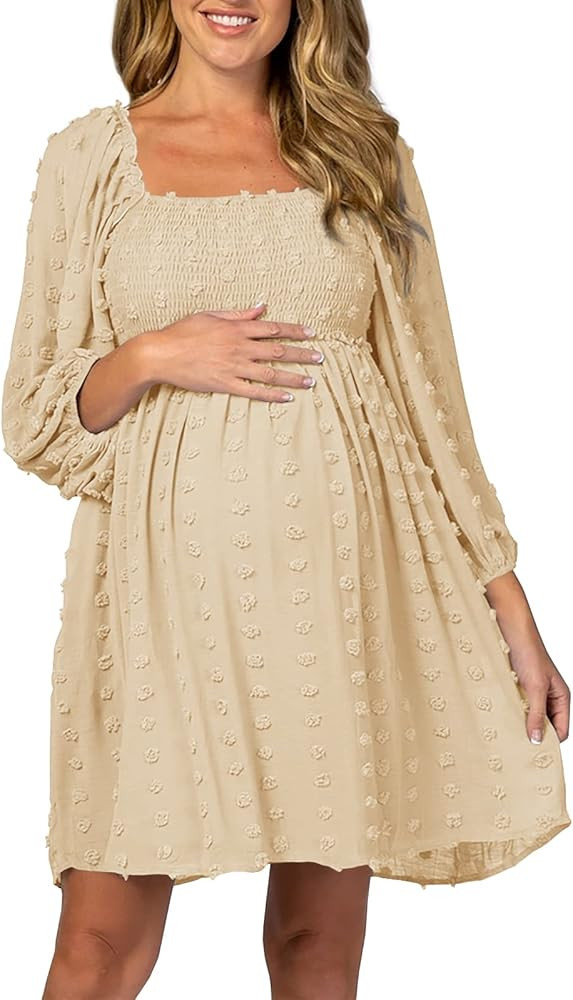 Ofenbuy Women's Long Sleeve Maternity Dress Square Neck Swiss Dot Casual Loose Short Dresses | Amazon (US)