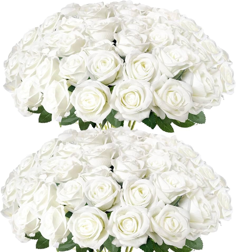 52Pcs White Roses Artificial Flowers with Stems，Fake Roses Bouquet Fake Flowers Bulk，Silk Vel... | Amazon (US)
