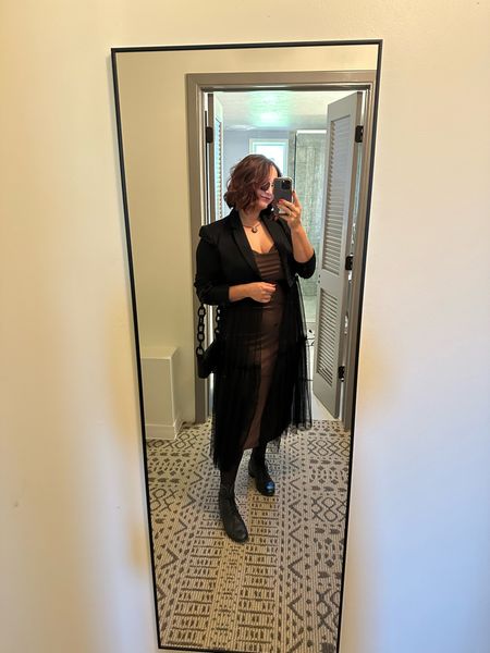 How cute is this tulle blazer over a satin slip dress? I wore this outfit to a wedding rehearsal dinner and it was a huge hit! Wedding guest dress, wedding outfit, beaded purse, fall outfit, winter outfitt

#LTKmidsize #LTKHoliday #LTKSeasonal