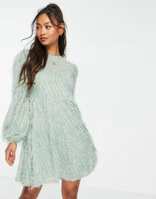 ASOS DESIGN tiered mini dress in fluffy texture in sage green | ASOS | ASOS (Global)