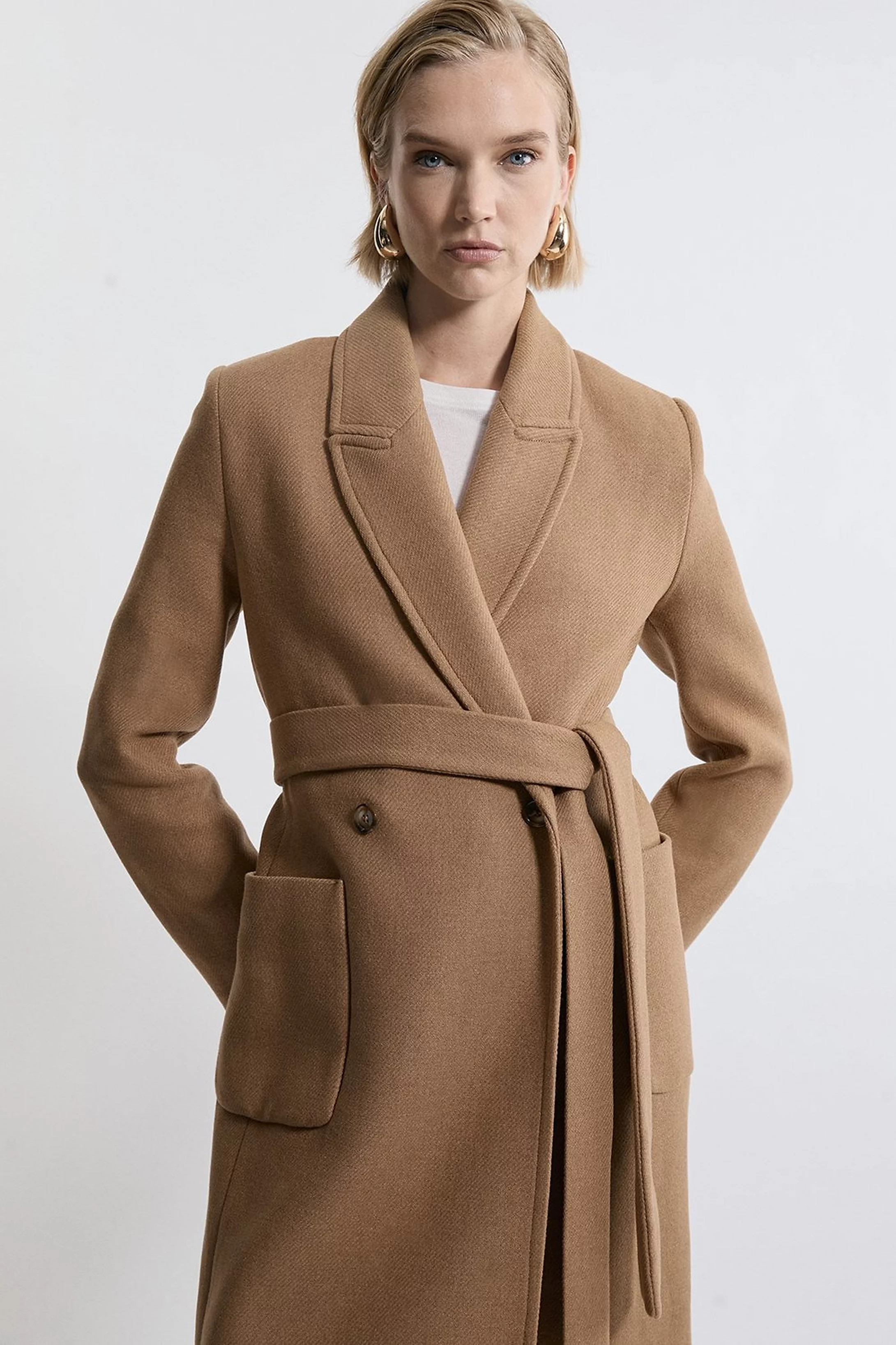 Italian Manteco Wool Blend Wrap Belted Tailored Midi Coat | Karen Millen UK + IE + DE + NL
