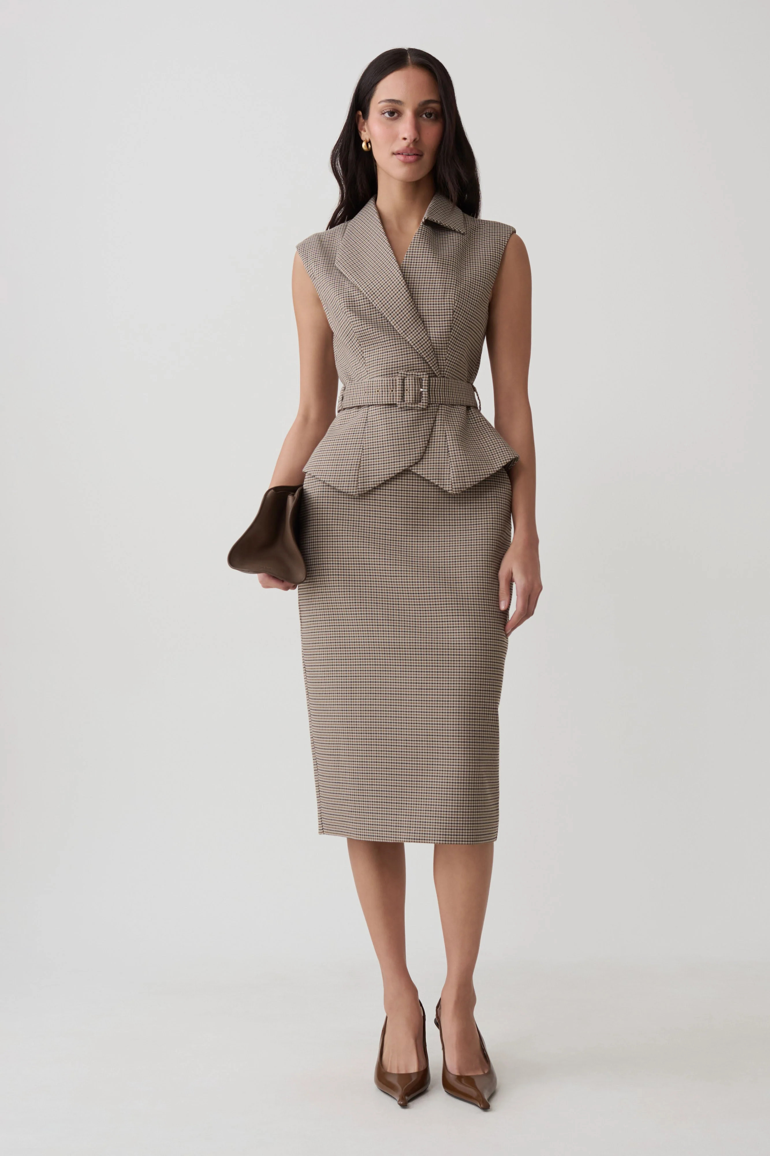 Gisella Suiting Midi Skirt / Tan Check | MESHKI | XL | Meshki UK