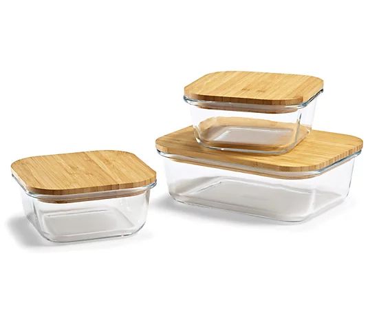 THEA 3-Piece Glass Food Storage Set with Bamboo Lids | QVC