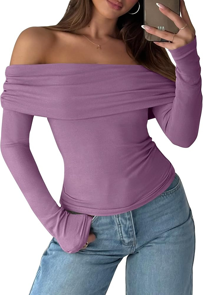 ANRABESS Long Sleeve Shirt for Women 2025 Fall Off Shoulder Slim Fit Tee Top Sexy Going Out Ruche... | Amazon (US)