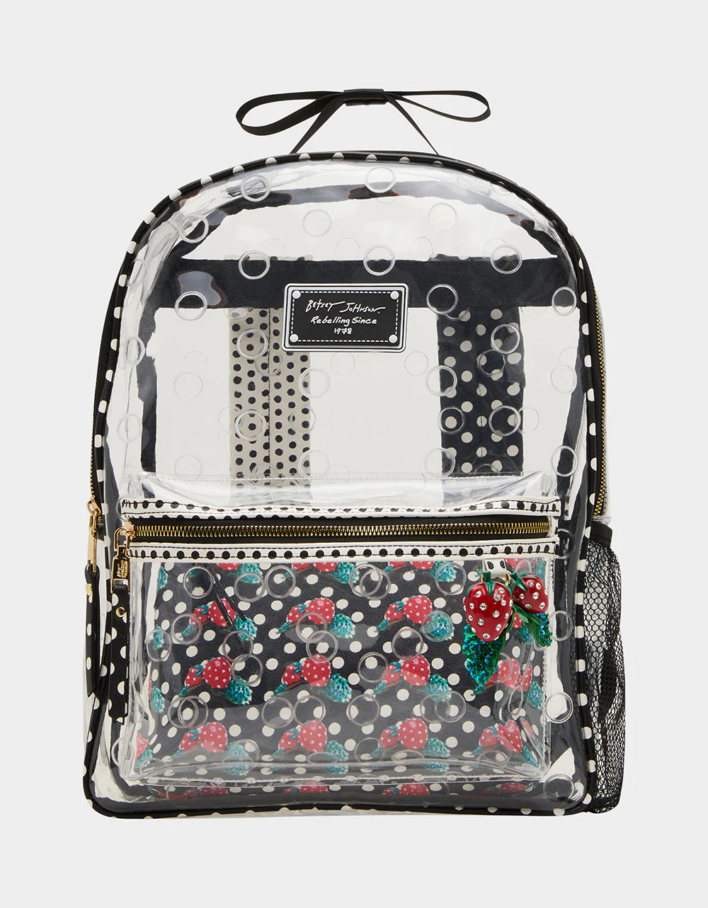 CLEAR BACKPACK DOTS Women's Polka Dot Strawberry Clear Backpack | Betsey Johnson
