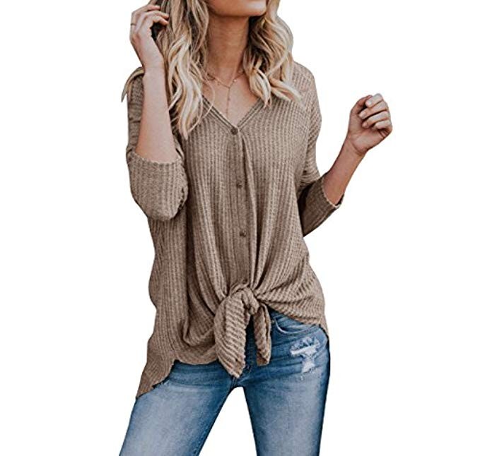 Imily Bela Womens Waffle Knit Tunic Blouse Tie Knot Henley Tops Bat Wing Plain Shirts | Amazon (US)