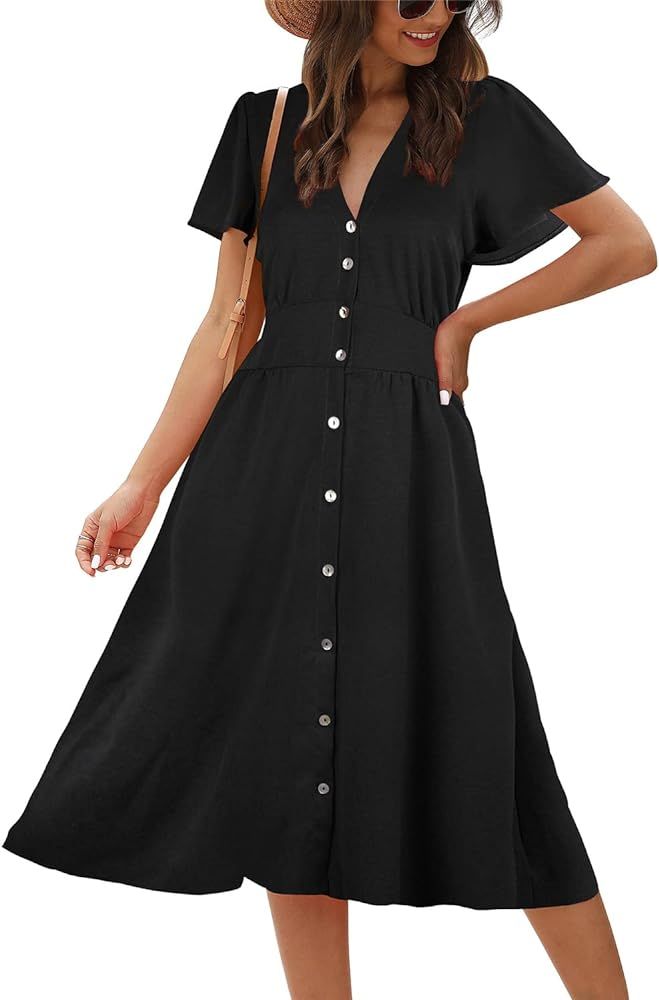 ROYLAMP Women's Button Up Split Dress Deep V Short Sleeve Casual Summer Flowy Midi Dress with Poc... | Amazon (US)