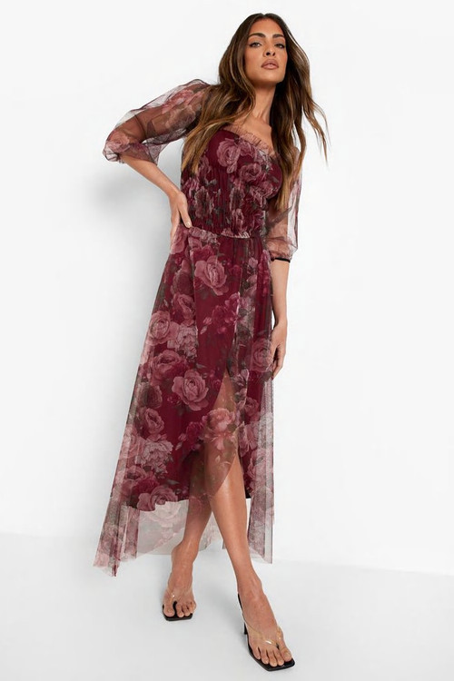 Floral Mesh Ruched Maxi Dress | Boohoo.com (US & CA)