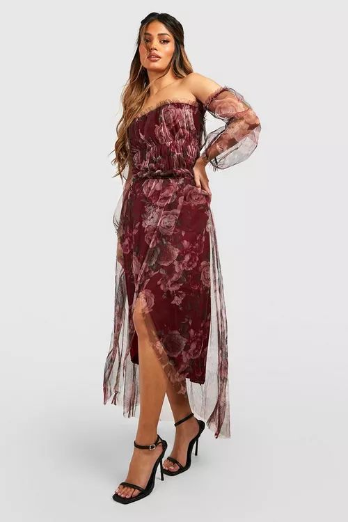 Floral Mesh Ruched Maxi Dress | Boohoo.com (US & CA)