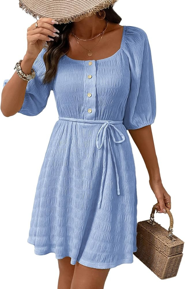 Dokotoo Women Summer Dresses 2026 Square Neck Tie Waist Button Short Sleeve Pleated Ruffle Causal... | Amazon (US)