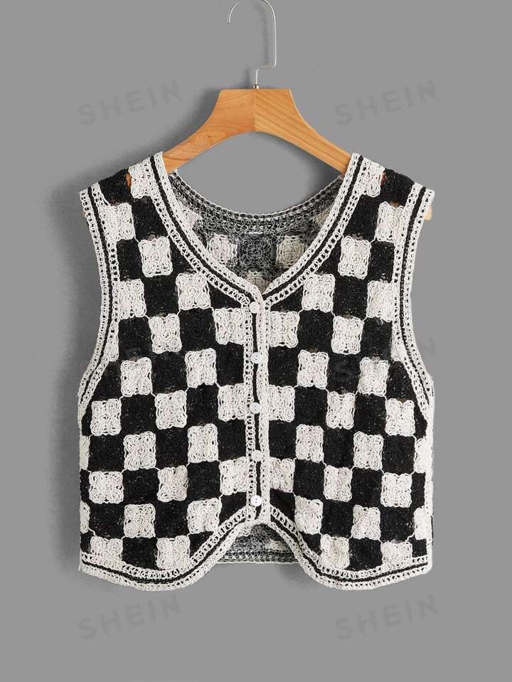 SHEIN EZwear Checkered Pattern Asymmetrical Hem Button Up Sweater Vest | SHEIN