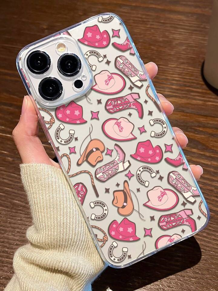 Apple Western 1pc Pink Cowboy Pattern Transparent TPU Phone Case With Full Coverage Camera Protec... | SHEIN
