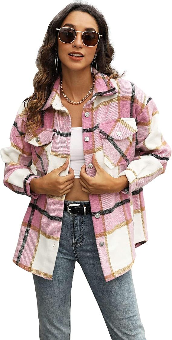 Springrain Women's Casual Wool Blend Plaid Button Down Long Sleeve Shacket Jacket Coat | Amazon (US)