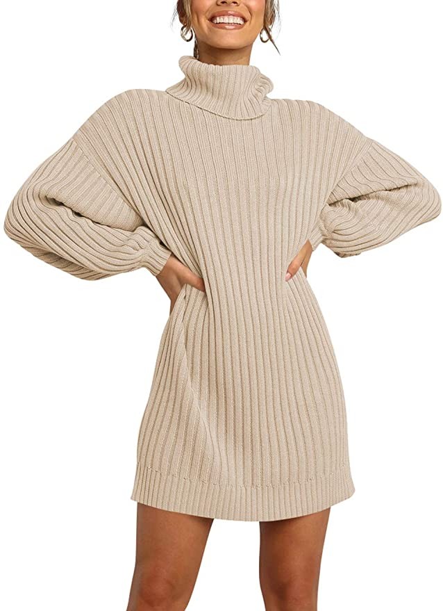 ANRABESS Women Turtleneck Long Lantern Sleeve Casual Loose Oversized Sweater Dress Soft Winter Pu... | Amazon (US)
