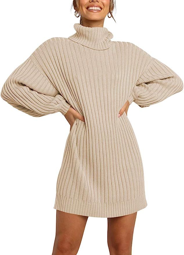 ANRABESS Women Turtleneck Long Lantern Sleeve Casual Loose Oversized Sweater Dress Soft Winter Pu... | Amazon (US)