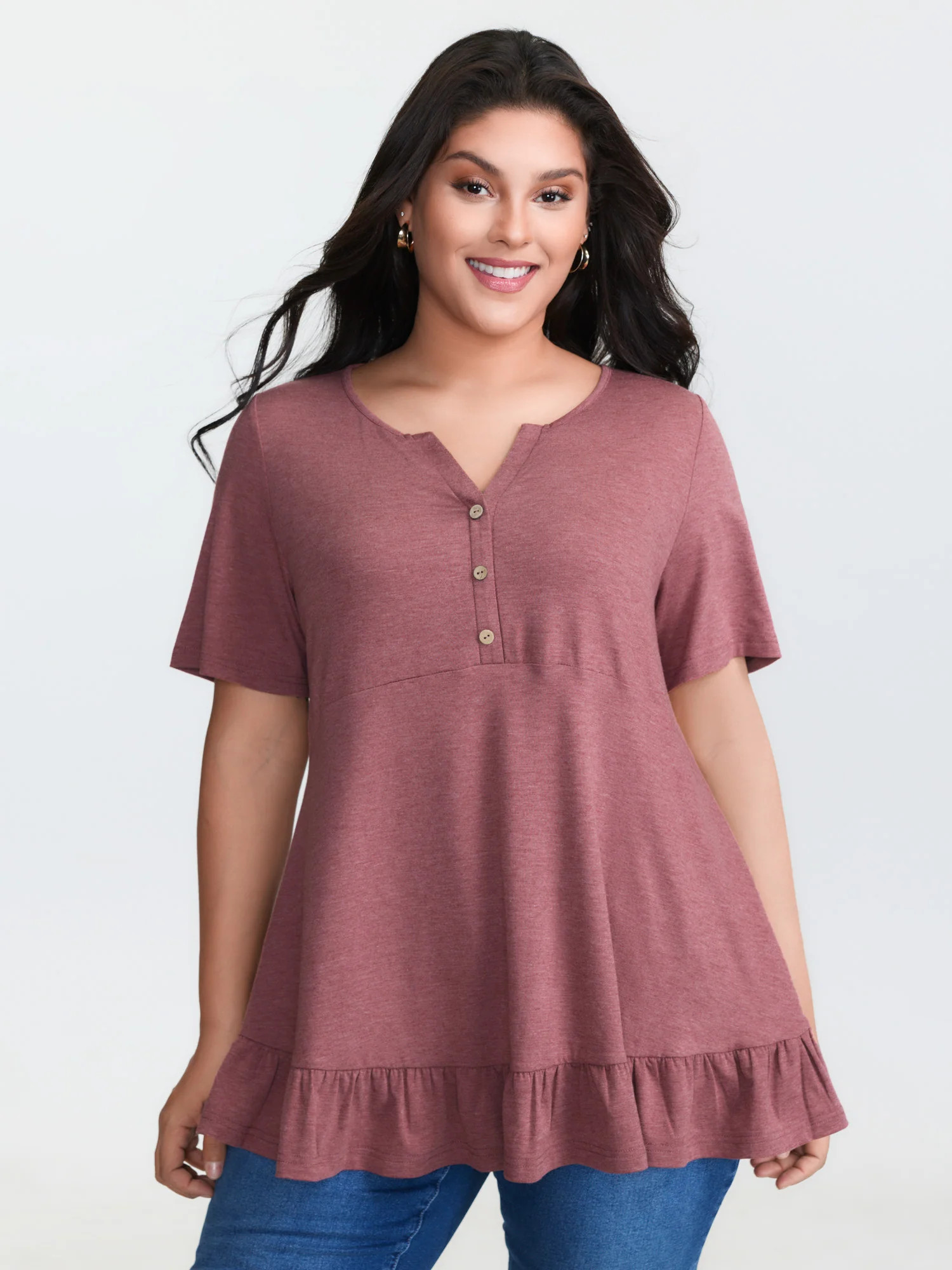 Supersoft Stretchy Ruffled Hemline Button T-Shirt | Bloomchic