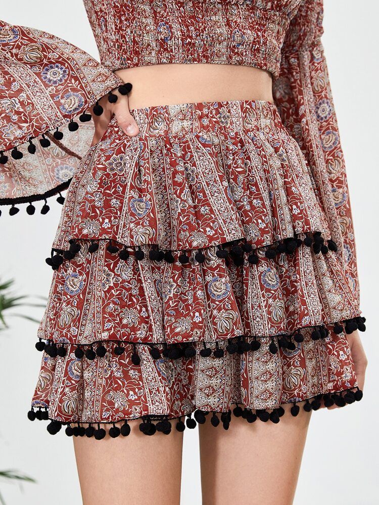 SHEIN MOD Floral Print Pompom Trim Layered Skirt | SHEIN