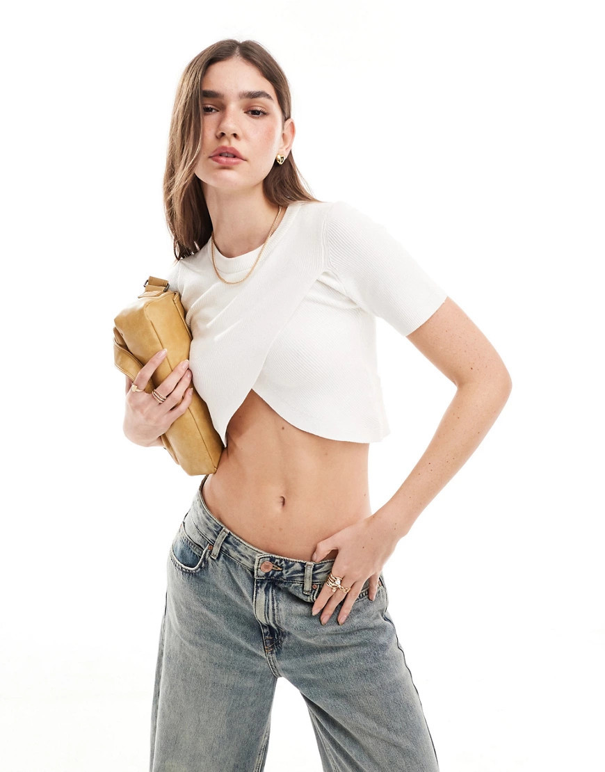 ONLY ribbed cross front crop top in cream-White | ASOS (Global)