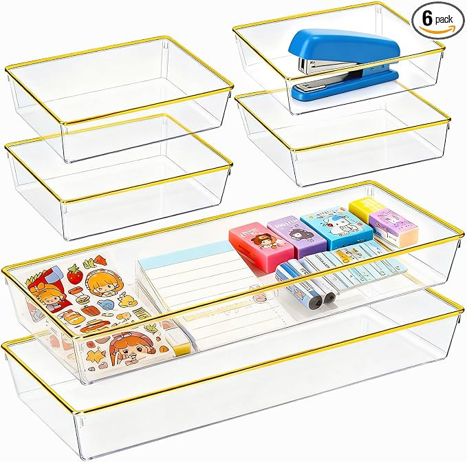 6 Pack Large Size Clear Stackable Drawer Organizer Trays, Gold Rim Makeup Drawer Storage Tray Div... | Amazon (US)