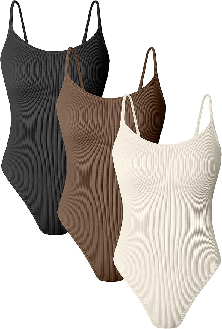 Women's 3 Piece Bodysuits Sexy Ribbed Adjustable Spaghetti Strip Tops Shapewear Bodysuits | Amazon (US)