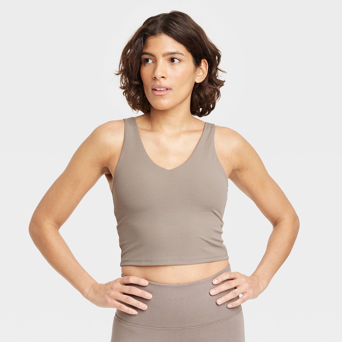 Women's Flex Light Support Rib V-Neck Crop Sports Bra - All In Motion™ Taupe L | Target