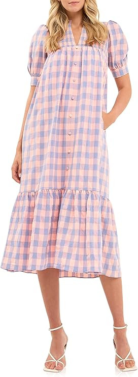 English Factory Women's Gingham Textured Smocked Yoke Midi Dress | Amazon (US)