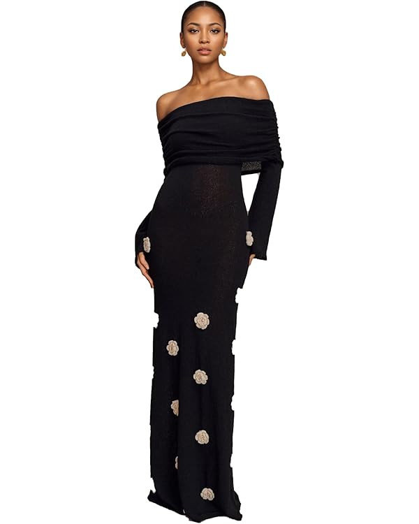 LETSVDO Women's Off The Shoulder Crochet Maxi Dress Long Sleeve Bodycon 3D Floral Knit Mesh Sweat... | Amazon (US)