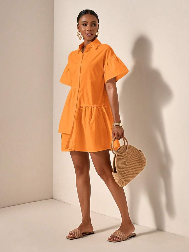 Zivah Summer Vacation Casual Solid Color Ruffled Sleeve Cinched Waist Dress | SHEIN