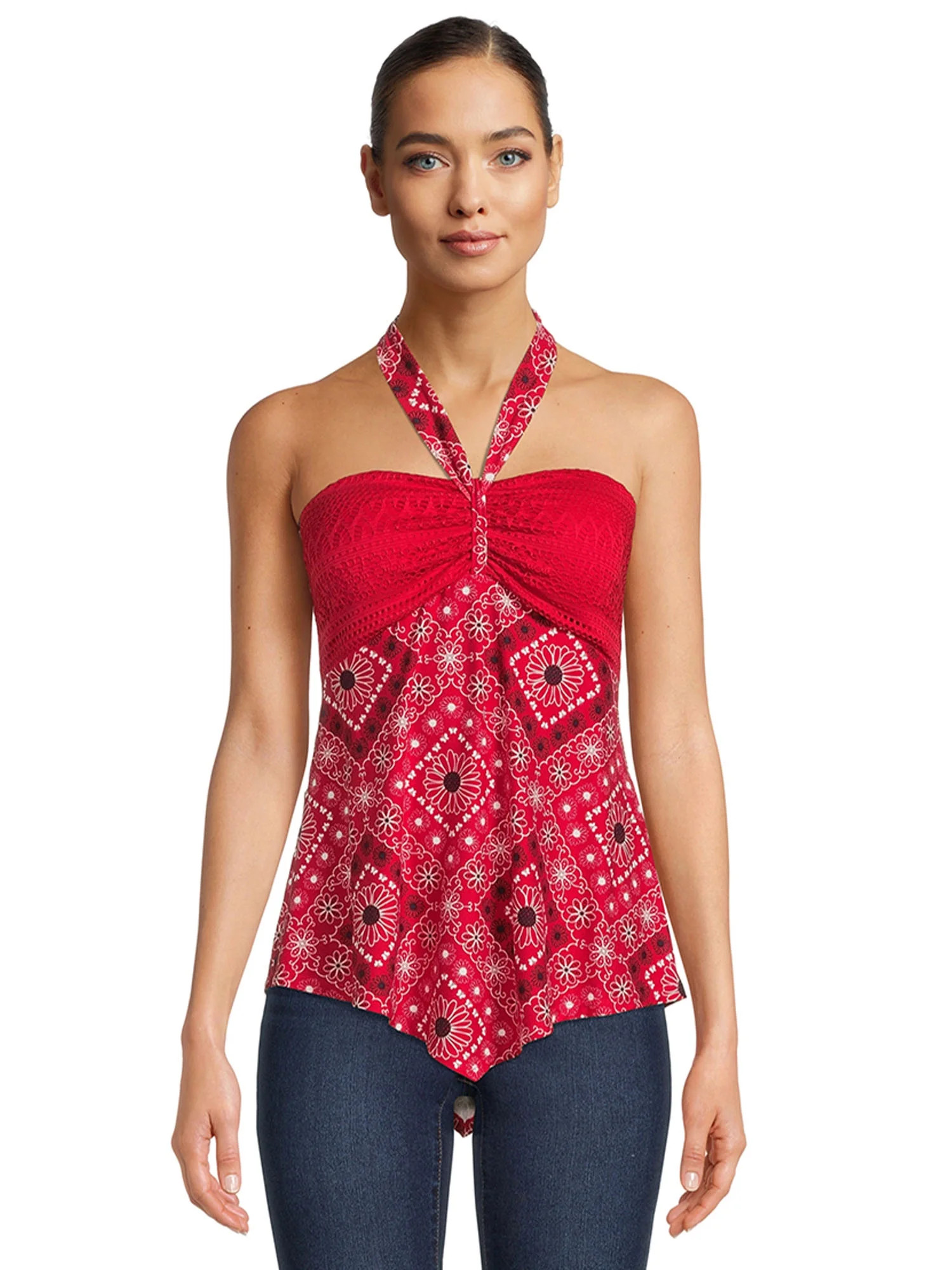 No Boundaries Juniors Crochet Trim Halter Top with Hanky Hem | Walmart (US)