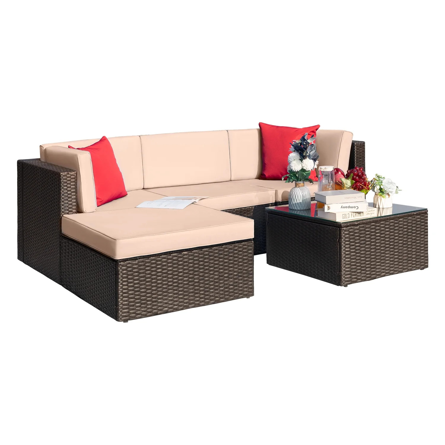 LACOO 5 Pieces Patio Rattan Sectional Set Outdoor Conversation Set with Chushions and Table, Beig... | Walmart (US)