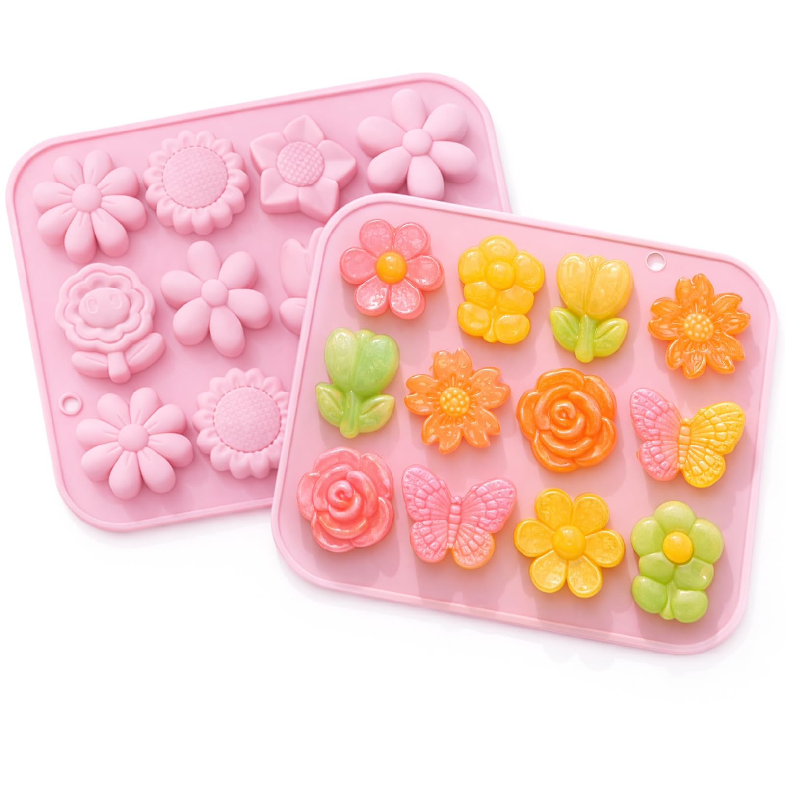 2 Pack Flowers Silicone Mold Rose Mold Flower Candy Molds 24 Cavities Different Shapes Rose Tulip Butterfly Sunflower Silicone Molds for Cake Chocolate Candy Pudding Desserts Biscuit Ice Cube Soap Wax | Amazon (US)