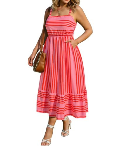 RITERA Plus Size Back Smocked Pink Stripe Summer Dresses for Curvy Women Maxi Elastic Waist Square Neck Sleeveless Casual Beach Sundress with Pockets, Adjustable Spaghetti Strap Dress 2XL 18W 20W | Amazon (US)