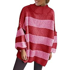 Saodimallsu Womens Oversized Striped Sweater Mock Neck Chunky Knit Lantern Long Sleeve Fall Trend... | Amazon (US)