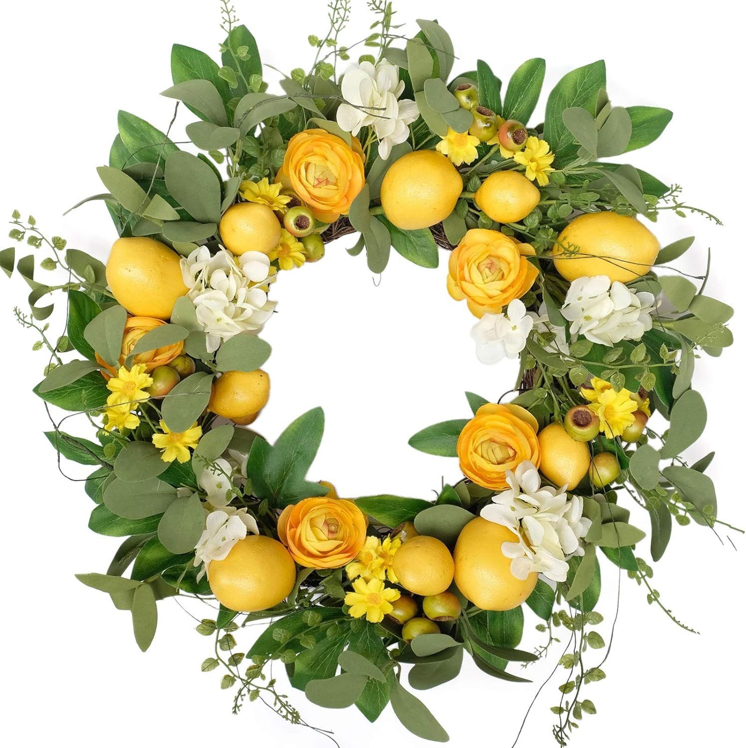 Bibelot 20 inch Artificial Lemon Wreath for Front Door Yellow Peony White Hydrangea Green Leaves ... | Amazon (US)