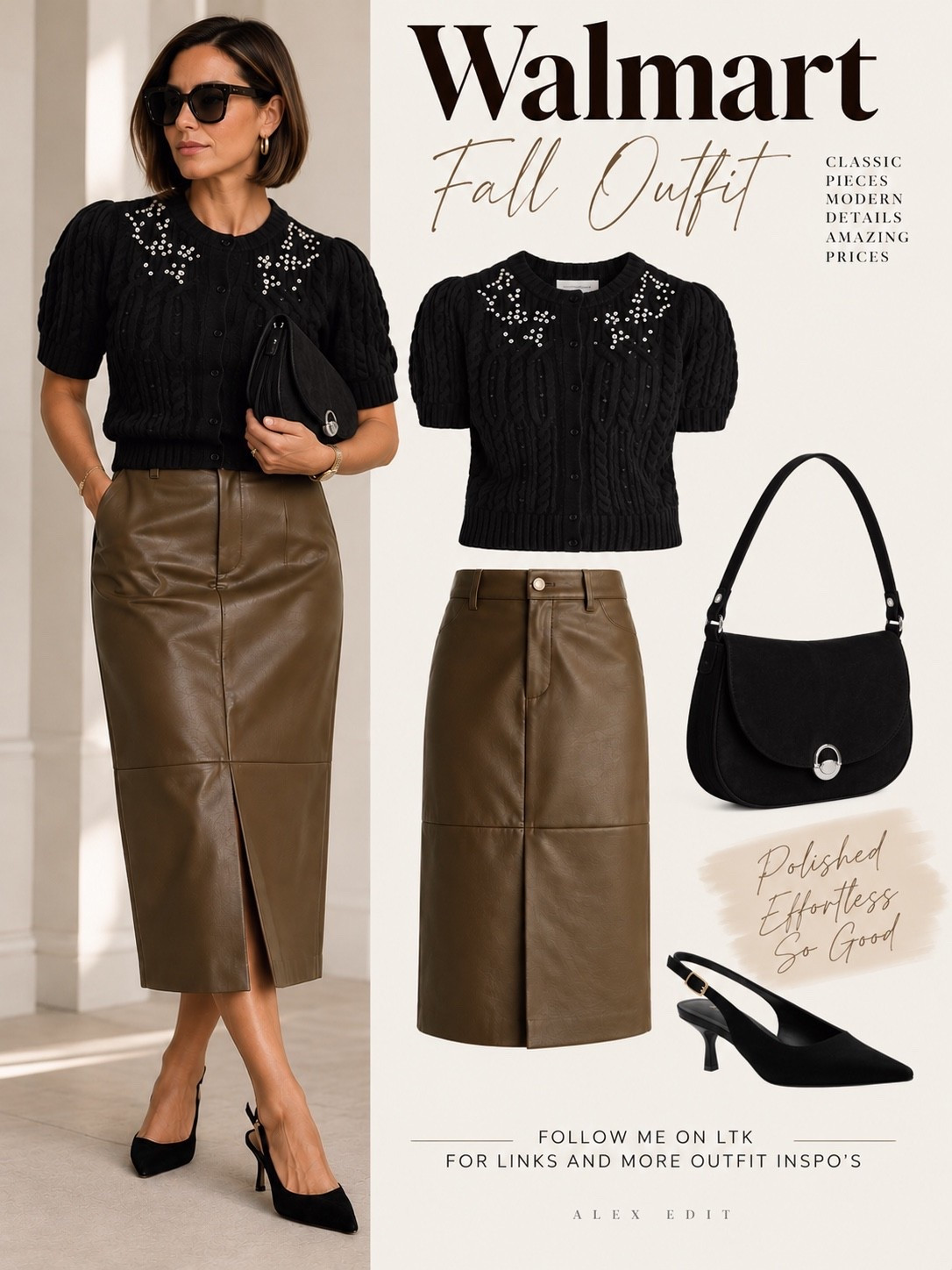A little texture, a little sparkle, and a beautiful mix of fall neutrals. 🤎 This olive-brown faux leather midi skirt is the centerpiece, bringing a rich, polished feel to the outfit. I paired it with a black cable-knit cardigan featuring delicate embellishments and feminine puff sleeves for just the right amount of detail. Black slingback kitten heels and a sleek shoulder bag finish the look without competing with the statement pieces.
Perfect for a fall dinner, a day at the office, or even Thanksgiving. Proof that a beautiful outfit doesn't have to come with a designer price tag.
All from Walmart!