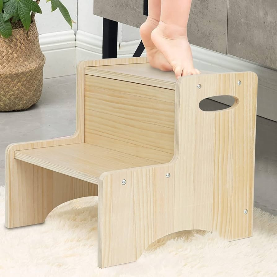 WOOD CITY Toddler Step Stool for Kids, Wooden Two Step Children's Stool with Handles, Bonus Non-S... | Amazon (US)