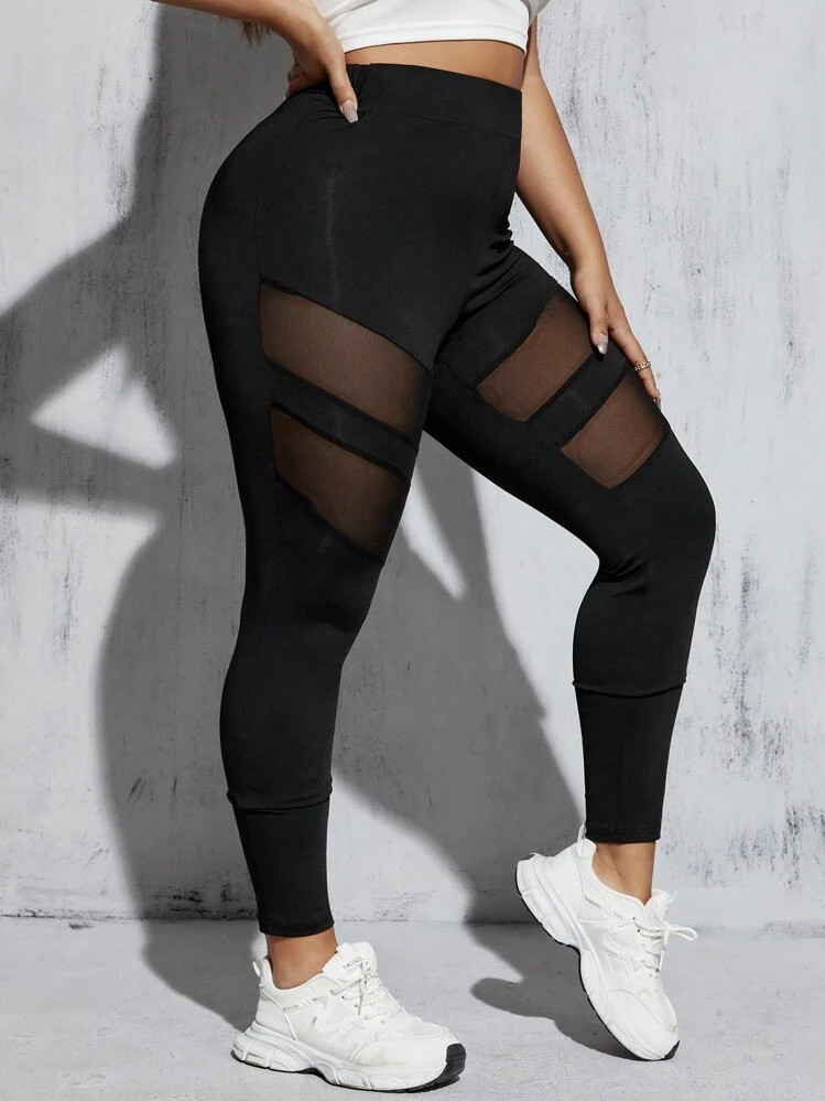 SHEIN Essnce Plus Size Spliced Mesh Design High Waist Slim Fit Leggings With Hollow Out Details | SHEIN