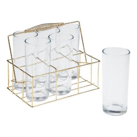Gold Wire Drink Caddy With Glasses 6 Piece Set | World Market