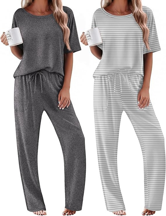 Ekouaer 2 Pack Womens Pajama Sets Short Sleeve Tops and Long Pants Casual Comfy Pjs Lounge Set wi... | Amazon (US)
